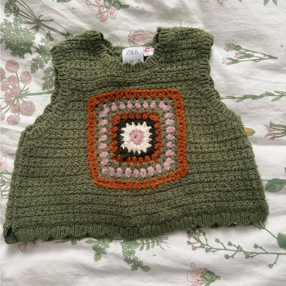Zara Kids Crochet Vest - Olive Green and Multicolor